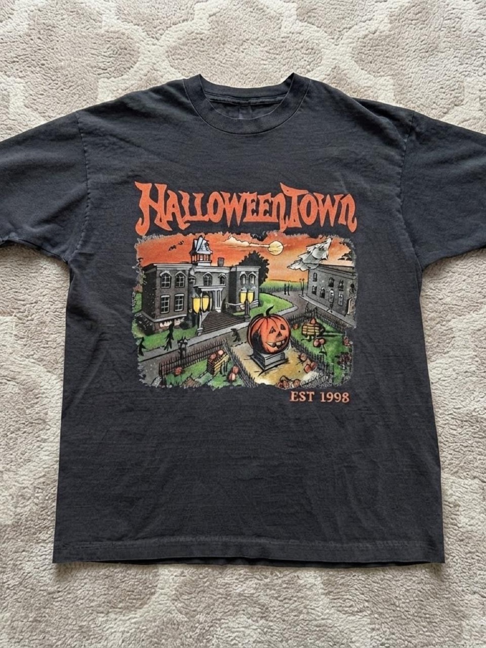 Gildan Black Halloween Town Graphic Tee with Orange & Green Print